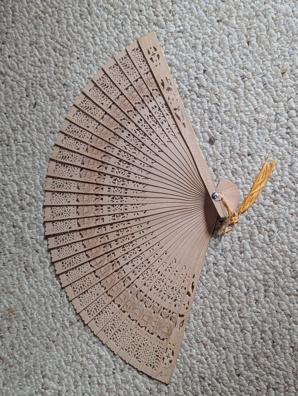 Carved Wooden Hand Fan with Tassel - Natural Beige
